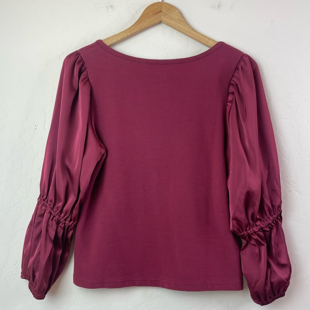 Maeve by Anthropologie Ribbed Tiered Long Sleeve Top in Burgundy Size Medium NEW - Picture 4 of 16